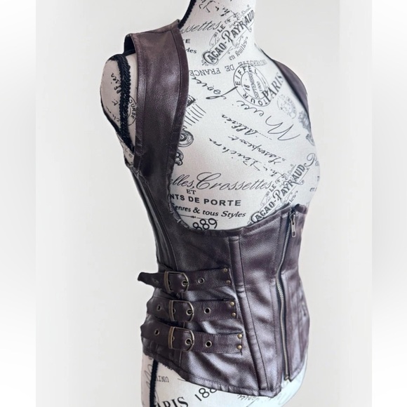 Burleska Corset Zip Up Brown Faux Leather Buckles Steampunk Goth Top 26 *Flawed - Picture 3 of 12